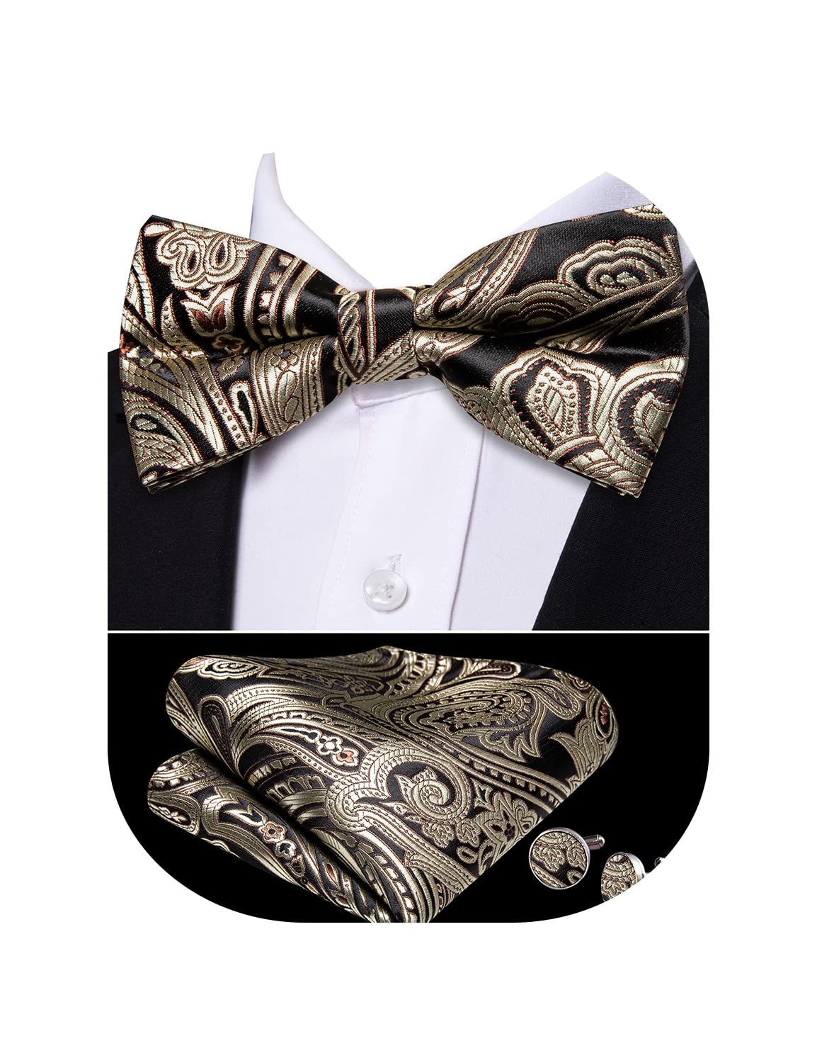 Barry.WangMens Bowties Paisley Flower Silk Bow Tie Set with Handkerchief Cufflink Wedding Business