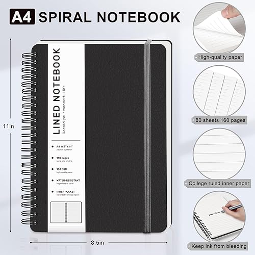 Miniatura 2 de Cuaderno de diario forrado en espiral, cuaderno A4 de cuero de tapa dura para el trabajo, 8.5 x 11 pulgadas, cuadernos de papel grueso de 100 GSM
