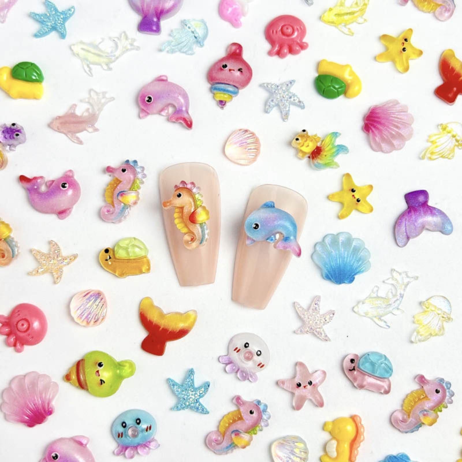 60PCS Summer Ocean Nail Charms Cute 3D Seashell Starfish Seahorse Octopus Nail Art Charms Kawaii Marine Life Design Resin Nail Gems Colorful Nail