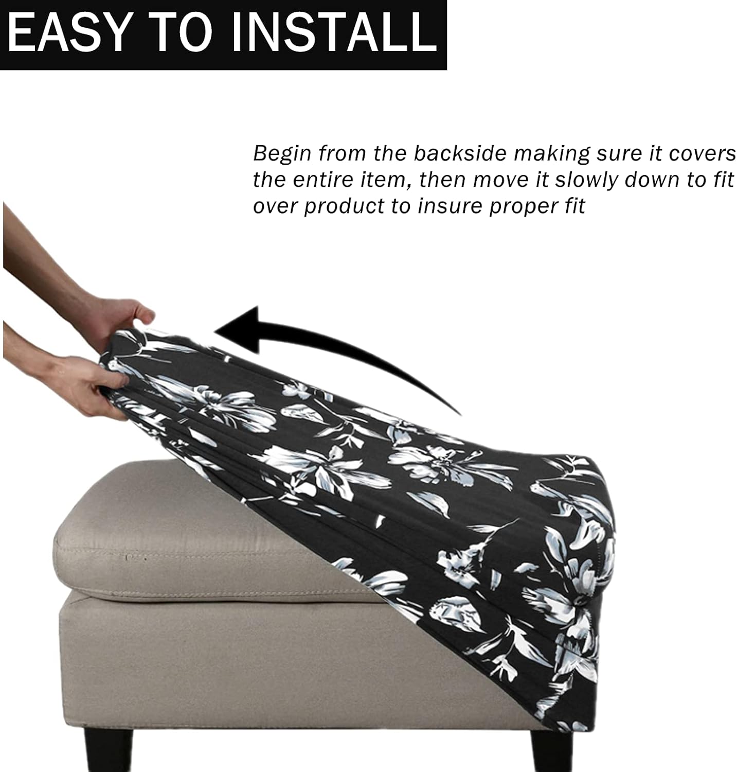 Rectangle Ottoman Cover – Stretchable Slipcover with Lily Flower Print, Non-Slip Fabric for Footstool, Pouf, or Bench, Machine Washable (Black, Large)