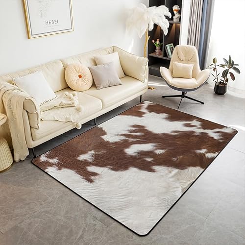 jejeloiu Alfombra de Área de Piel de Vaca 5X7 Alfombras de Cuero de Vaca para Sala de Estar Dormitorio Occidental Granja Piel de Animal Marrón