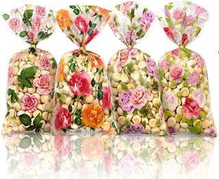 Floral Rose Candy Bags 50pcs, 4 Designs Wild Flower Leaves Print Plastic Clear Snack Candy Cake Party Gift Accessories for Birthday Wedding Bridal Shower Mother's Day Gift