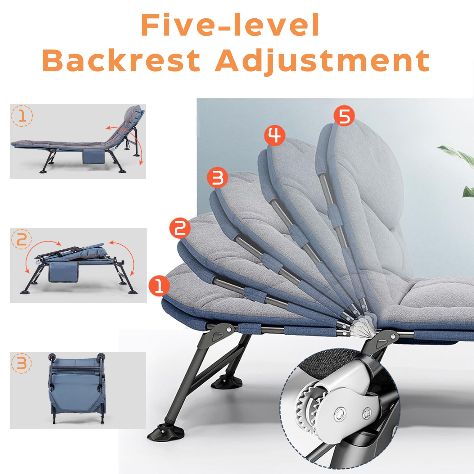 Lit de camp pliable avec poche latérale - Chaise longue de camping avec dossier réglable en 5 positions - Lit pliant pour l'extérieur et l'intérieur - 190 x 65 cm (gris)