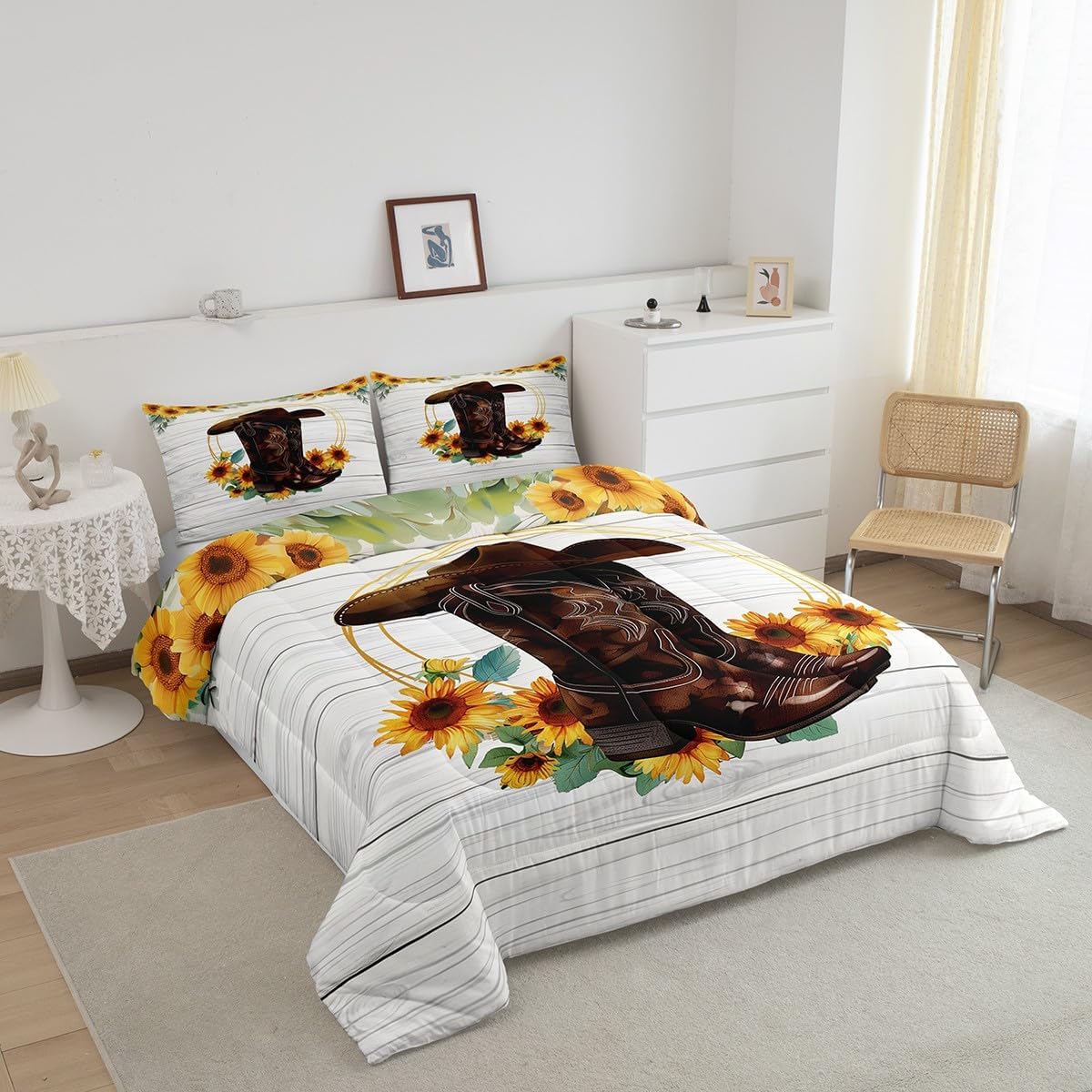 Manfei Cowboy Boots Hat Comforter Set Twin Size, Yellow Sunflower Bedding Set 2pcs for Kids Boys Girl Bedroom Decor, Grey Wooden Plank Down Comforter Soft Polyester Quilt Set with 1 Pillowcase