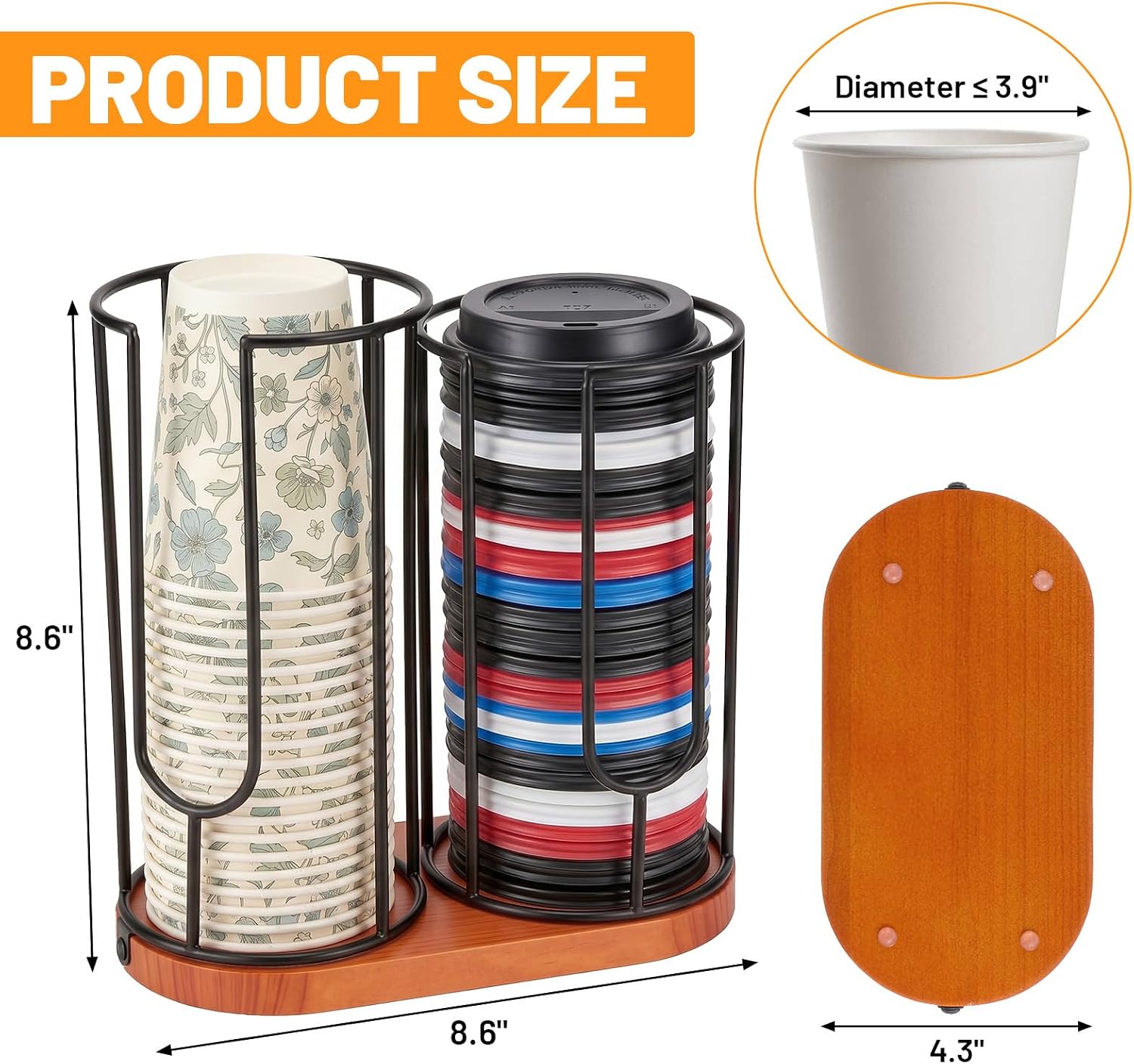 2-Compartment 18oz Coffee Cup Dispenser Rack with Wood Base, Disposable Cup & Lid Organizer for Countertop - Perfect for Paper Cups, Tumbler Lids, and Kitchen Storage