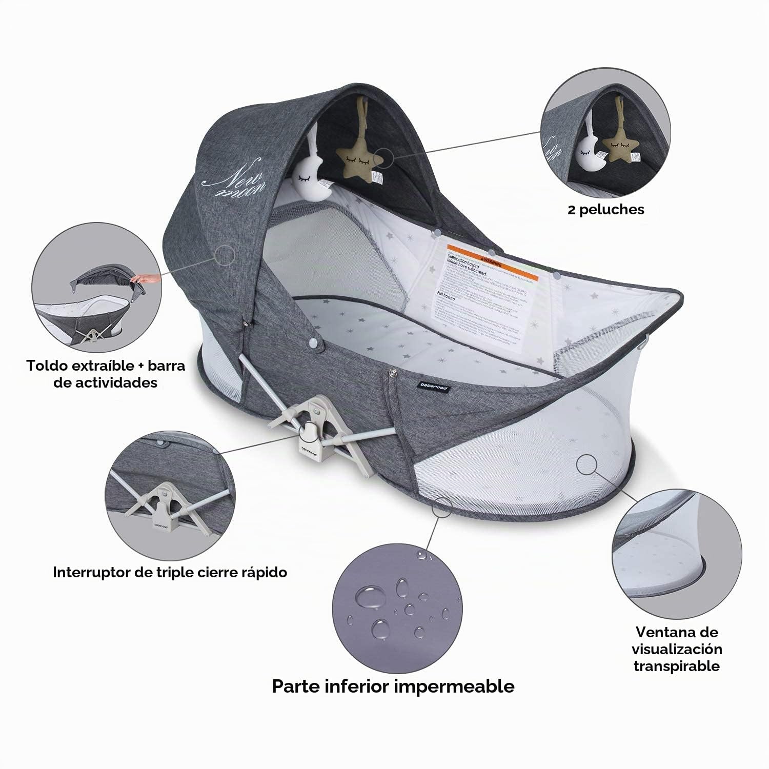 beberoad Moisés portátil de viaje para bebés recién nacidos, color gris oscuro | Cuna plegable para bebé, cunas portátiles, para niños pequeños con colchón, mosquitos y red solar