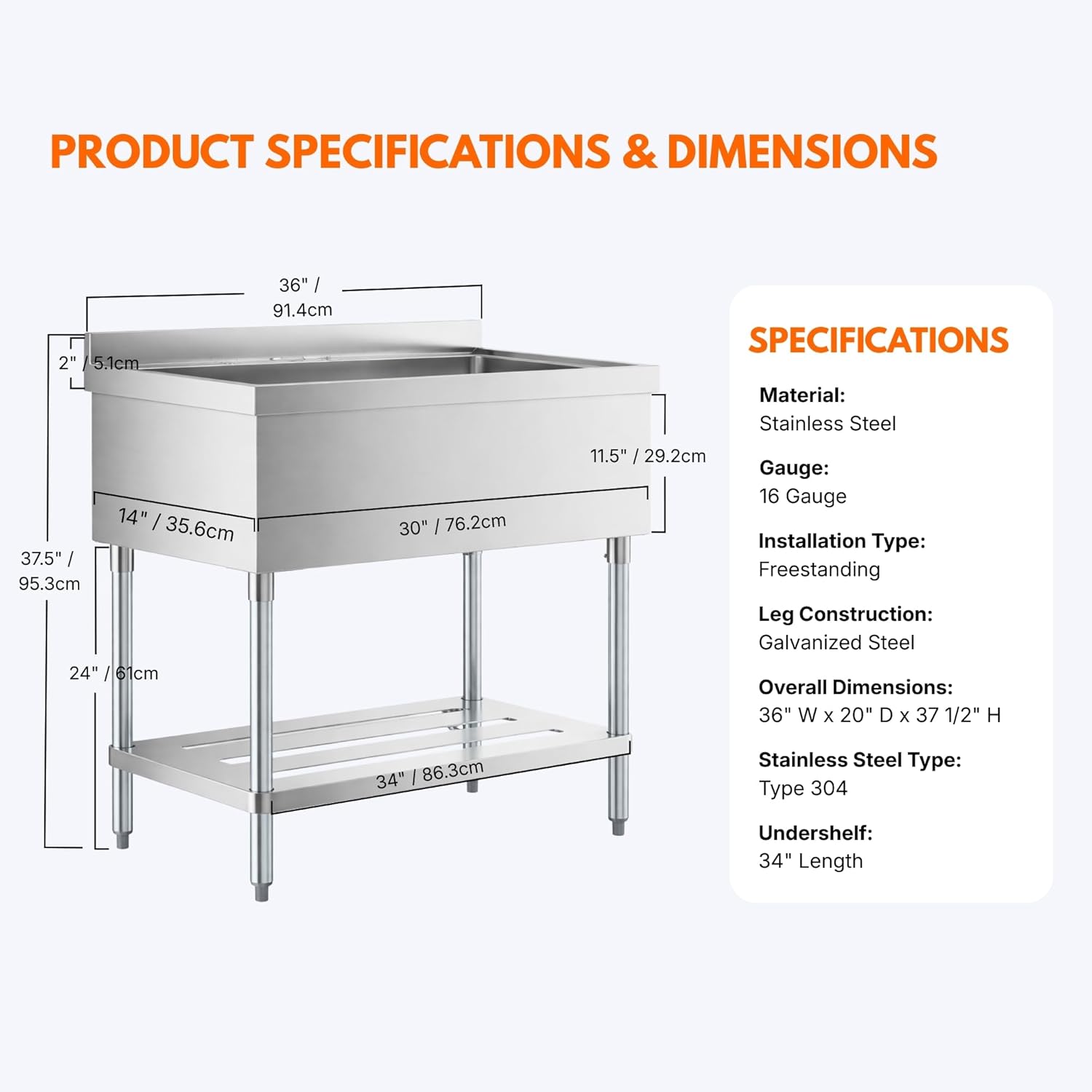 Commercial Stainless Steel Utility Sink with Undershelf, Single Compartment, 14" x 30" x 11" Deep Bowl, 16-Gauge - for Janitorial Area, Commercial Kitchen, Garage, Laundry Room
