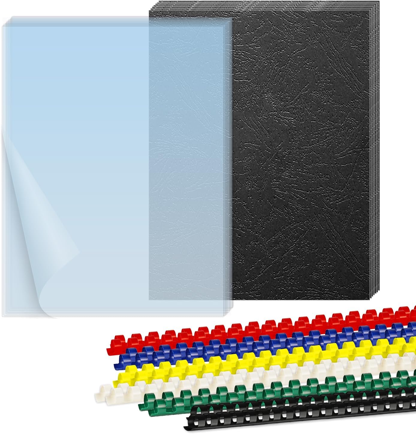 HOUYEE Binding Covers and Combs Set, 8.5x11 Inches, Including 50 Pcs Leather Texture Paper Binding Covers, 50 Pcs 8 Mil Clear PVC Sheets and 20 Pcs Assorted Combs