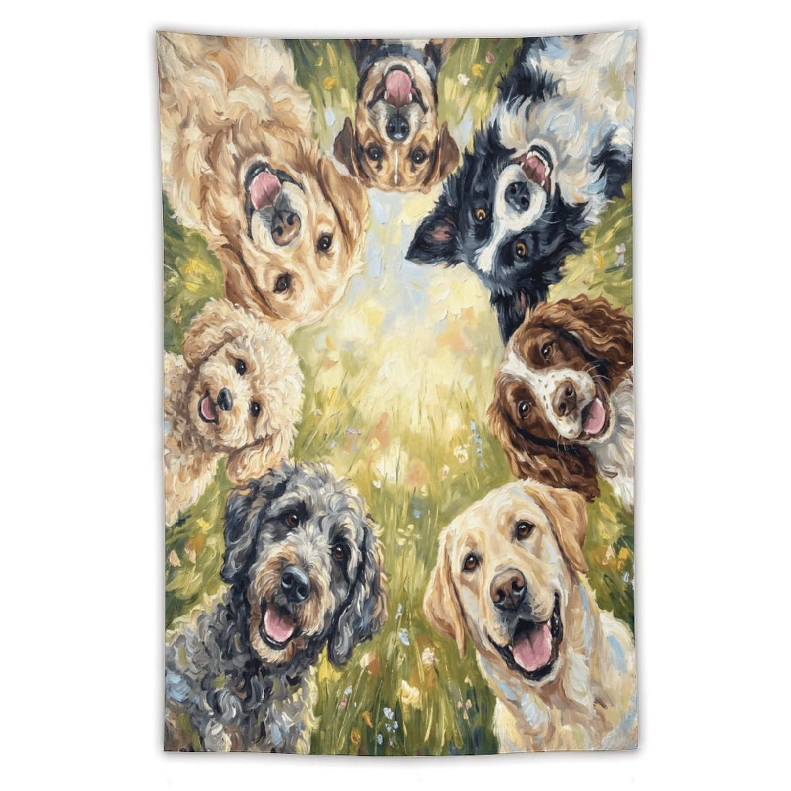 H3B8U2Y5 Happy Dogs Wildflower Wall Tapestry, Realistic Illustration Style