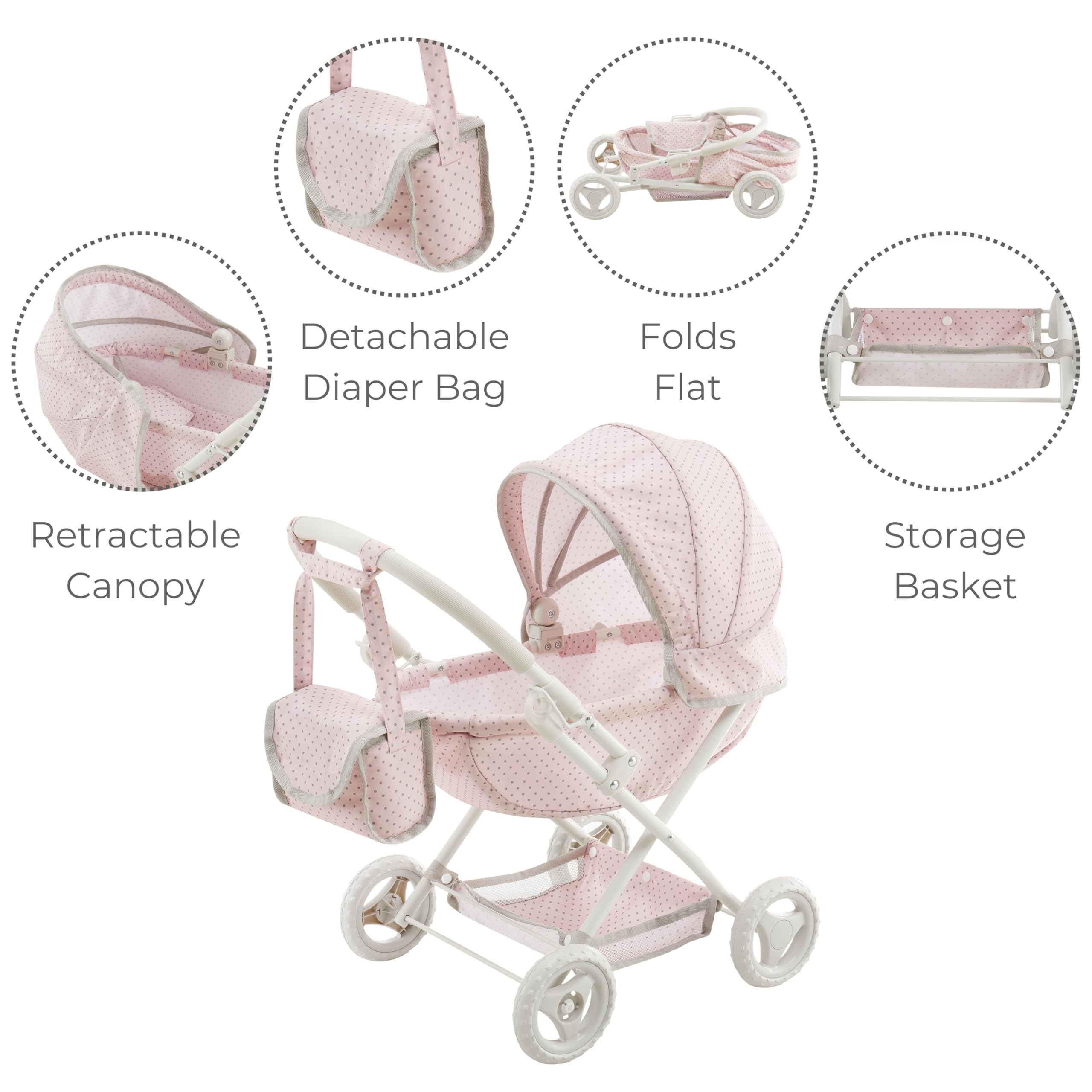 Olivia's Little World Polka Dot Princess Baby Doll Pram Stroller with Retractable Canopy & Storage, Pink | Klappverdeck, Stauraum, Zubehör