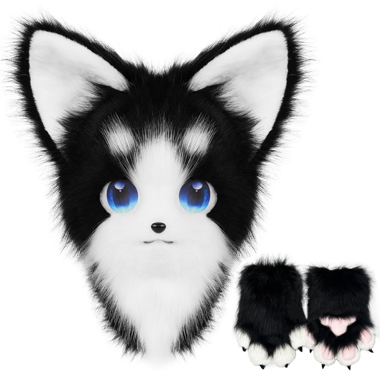 WLYEZAU Japanese Fursuit Animal Mask, Furry Animal Style Hood+Gloves, Wearable Comic Show Costume Accessories Headband(B)