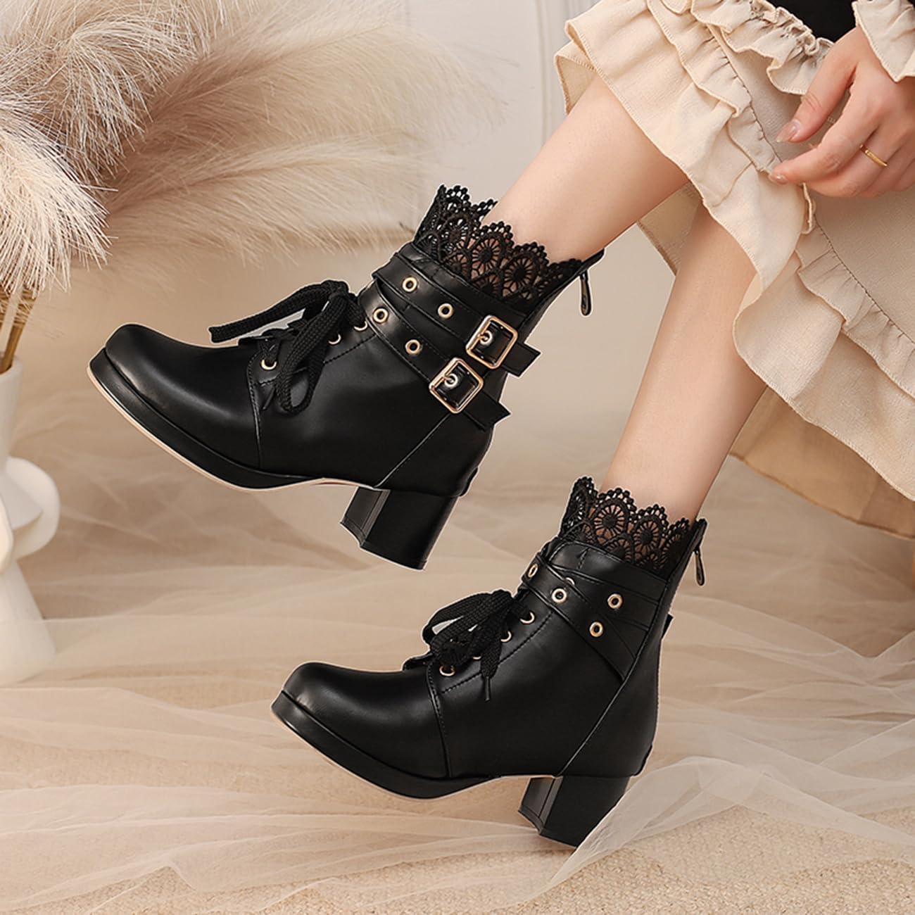 Womens Bow Ankle Boots Round Toe Lace Up Chunky Mid Heel Booties