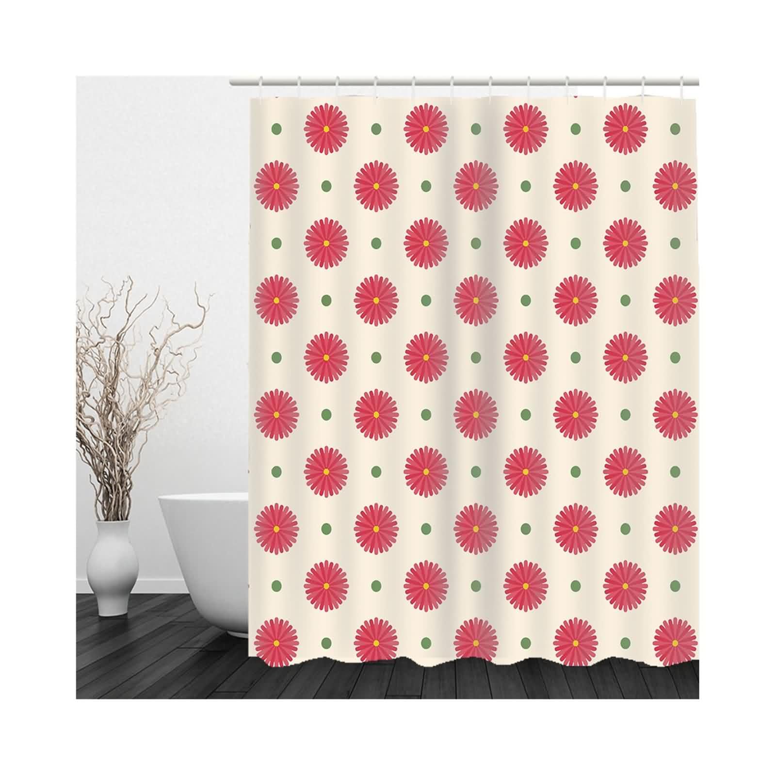 Cortina De Baño con Peso Abajo Ducha Transparente Opaca Punto Onda Verde Pequeñas Margaritas Rojas Infantil Antimoho Decorativa Light Pink 220x180cm