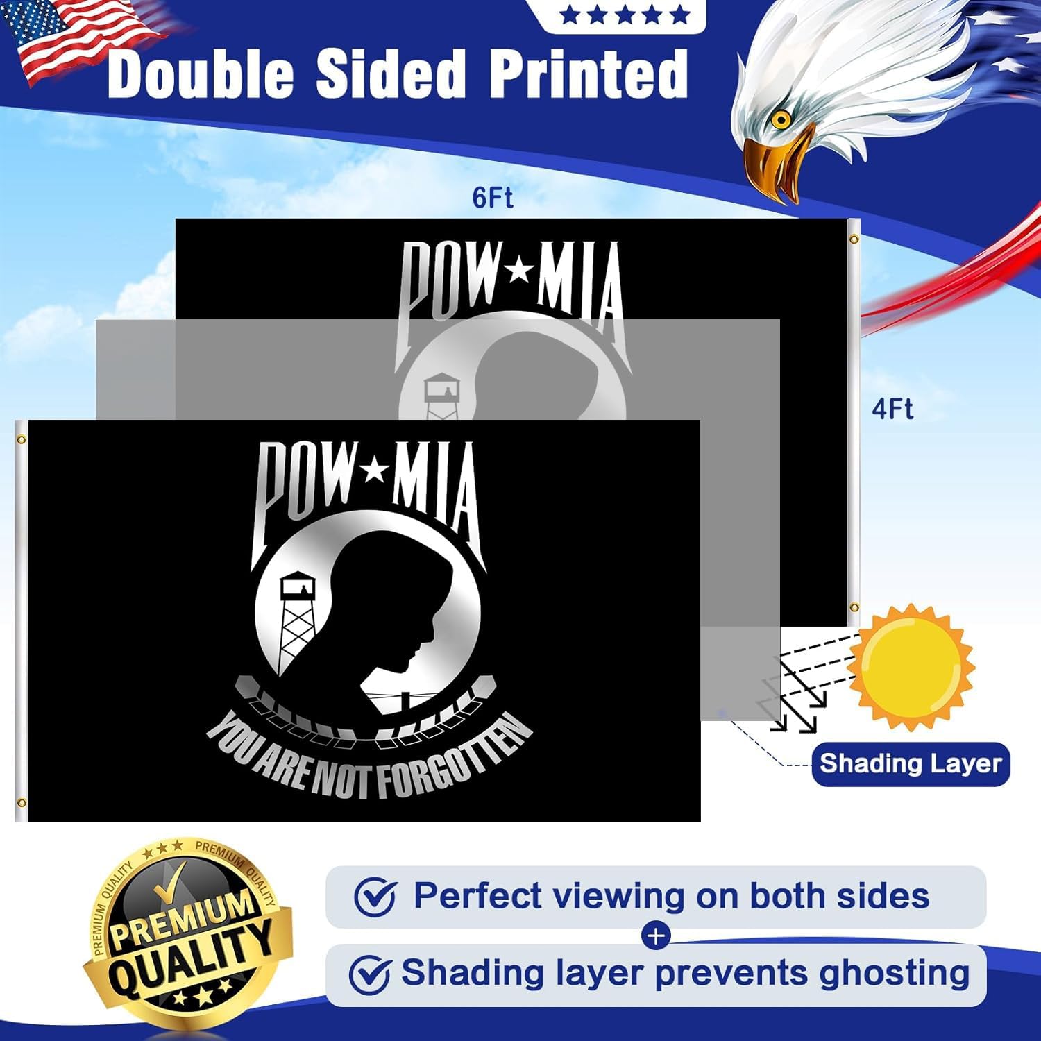 Pow Mia Flag 4x6 Ft Double Sided 3Ply Heavy Duty Nylon Canvas With Brass Grommets You Not Forgotten Military Banner Vivid Color UV protection Fade Resistant for Indoor Outdoor
