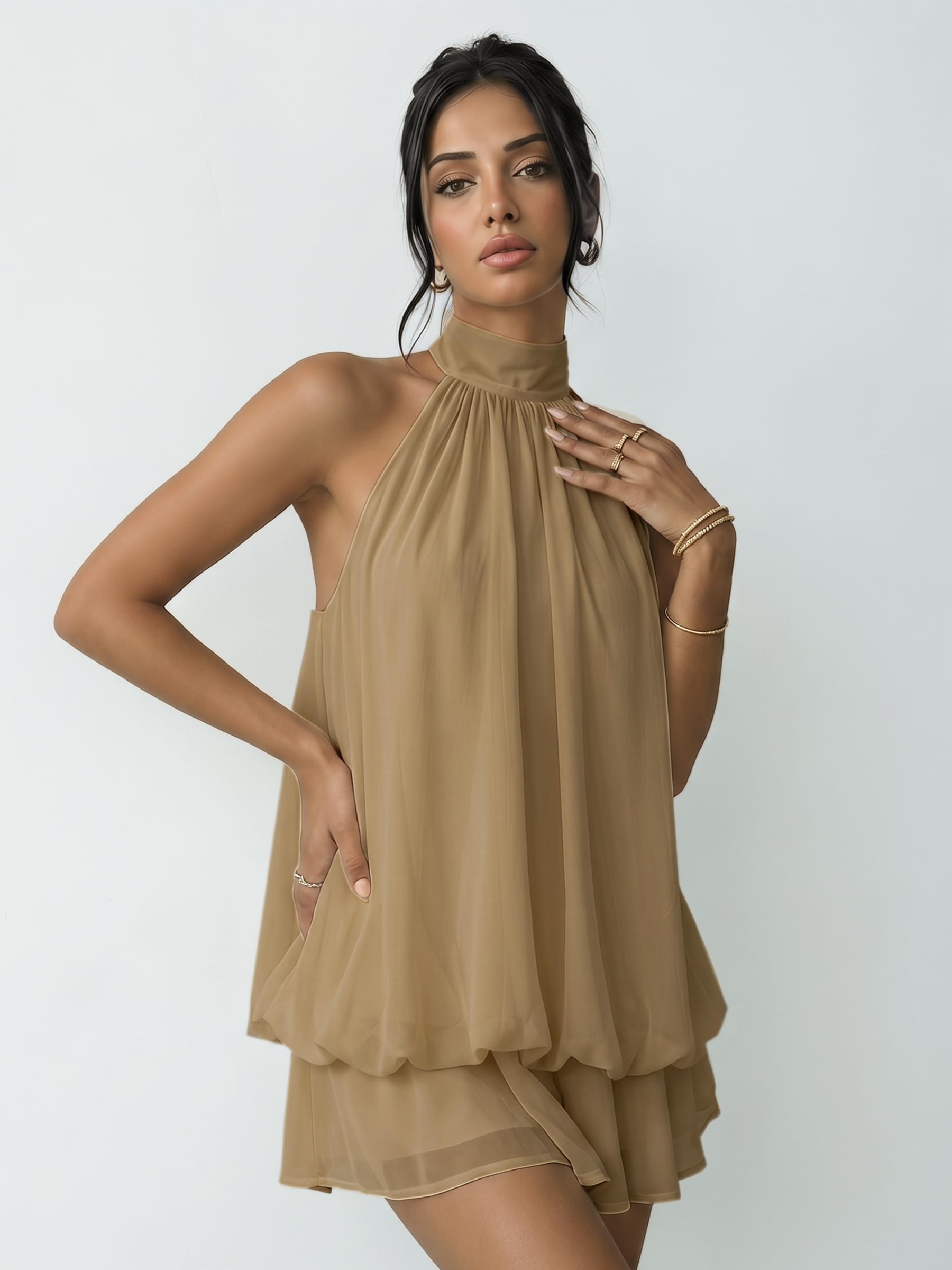 Robe Femme Chic et Elegant Été Robes Courte Ample Col Halter sans Manches Sexy Mini Robe Dos Nu à Nouer Casual Robes en Mousseline Volants Fluide Dresses pour Soirée Clubbing Plage Vacances