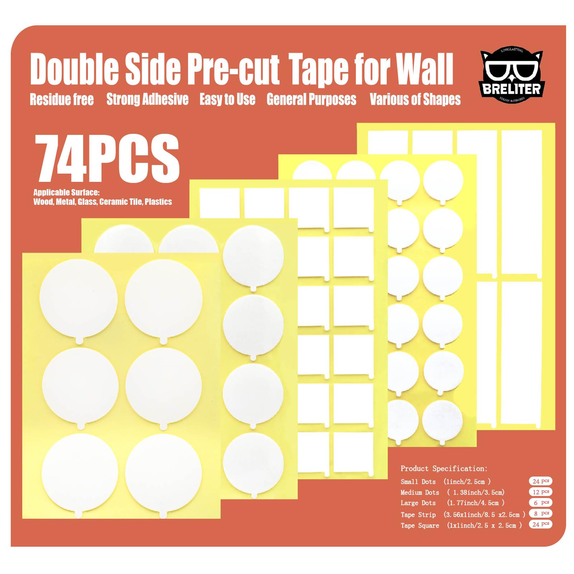 Pre-Cut Double Sided Tape for Wall - 74Pcs Clear Sticky Tape for Picture Hanging Mounting Tape, Easy to use and Removable Tape for Home Decoration, Birthday Party, Christmas and Crafts