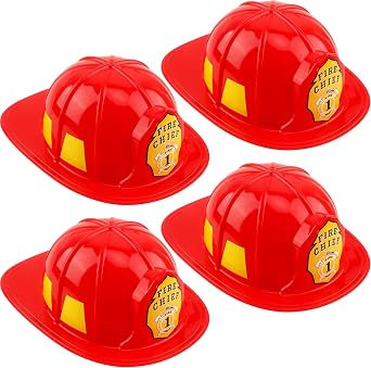 4 Pcs Kid Plastic Fire Helmets Firefighter Hats Red Fireman Hats for Birthday Cosplay Halloween Accessories, 2 Styles