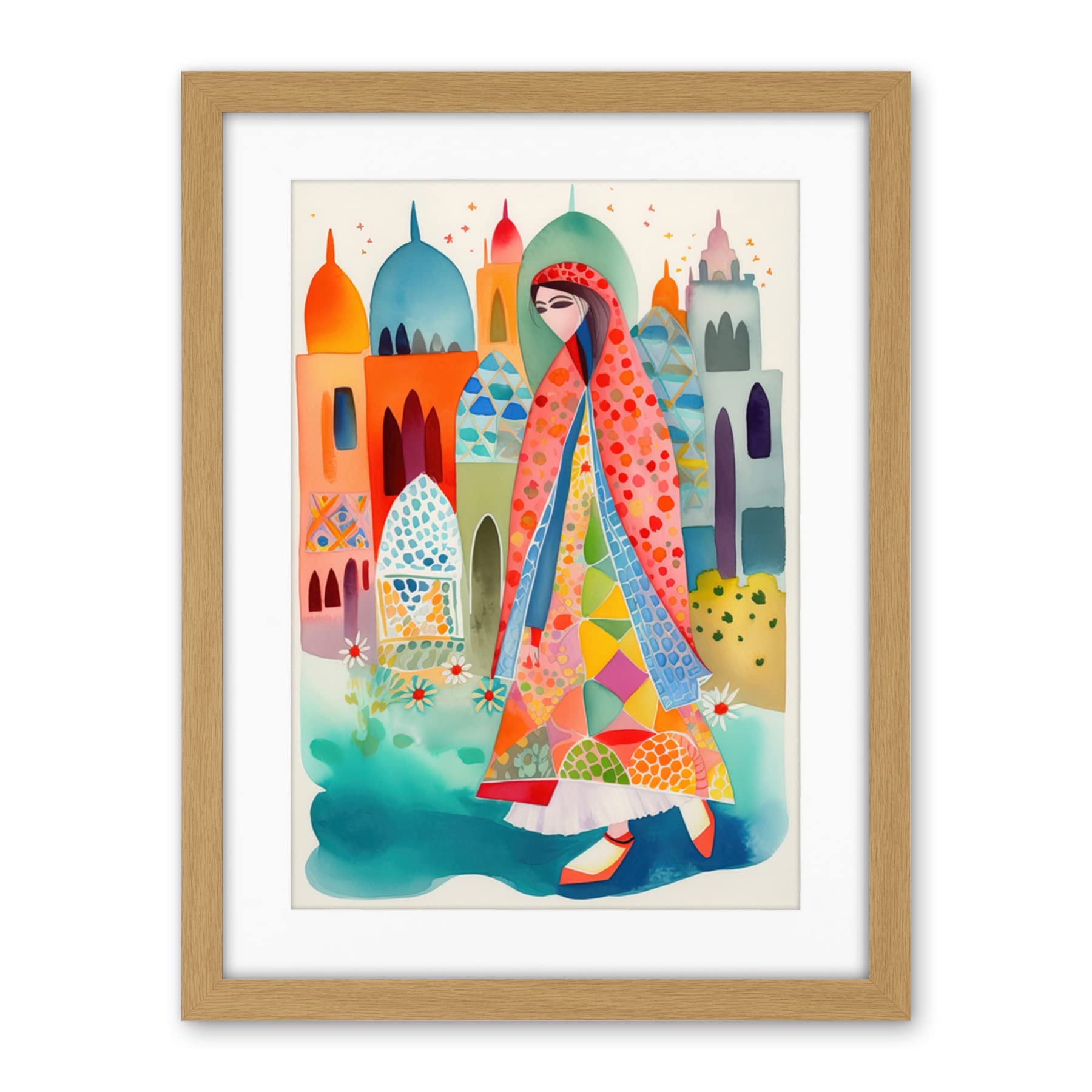 Artery8 Hijab Muslim Woman with Buildings Folk Art Artwork Framed Wall Art Print 18X24 Inch