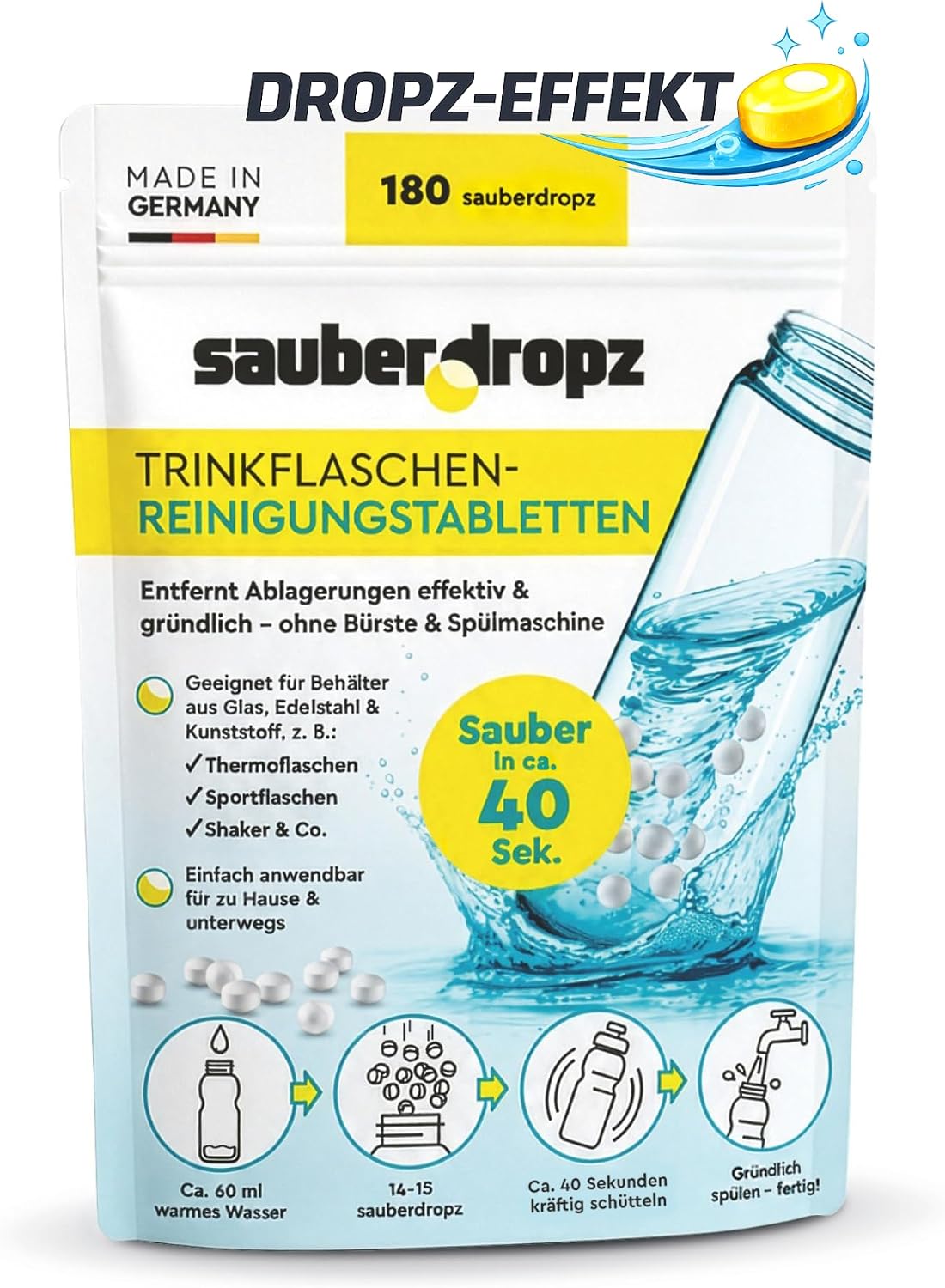 Trinkflaschen-Reinigung neugedacht mit dem sauberDROPZ-Effekt