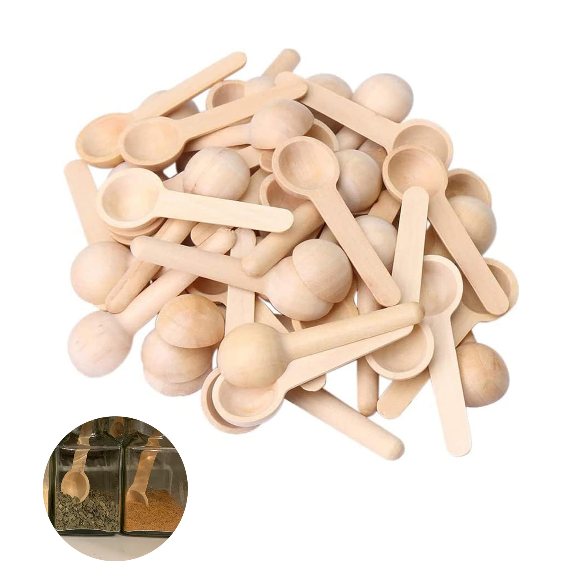 50 Stück Runder Holzlöffel Klein, Mini Holzlöffel，Gewürzlöffel Kleine Löffel Holz für Gewürze, Umweltschutz Mehrzweck-Holzlöffel, Kleine Holzlöffel für Salz, Gewürze, Kaffee, Honigkochen