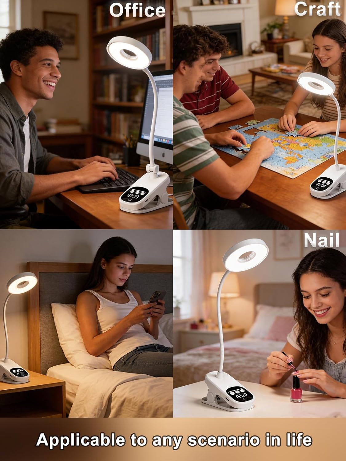 Clip on LED Desk Lamp, 1800mAh Rechargeable Eye-Caring Bedside Reading Light with Clock & Timer, 3 Color Temperatures 360° Rotatable for Dorm Room Home Office Camping Blackout (White)