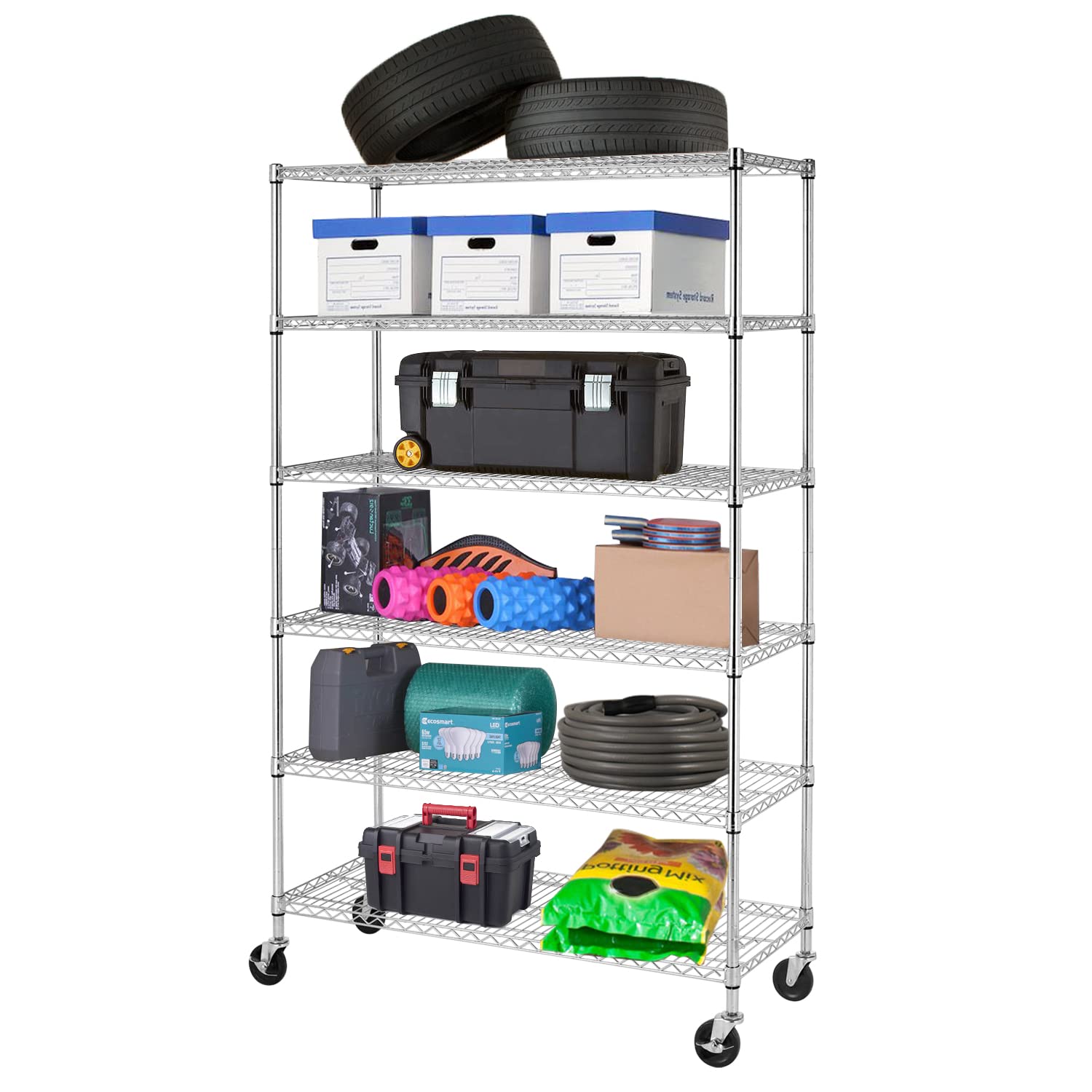 PayLessHere | 6-Tier Wire Shelf with Wheels | 48"x18"x76" | Chrome | Adjustable Racks | Heavy-Duty Storage Shelves, Holds Upto 600 lbs |