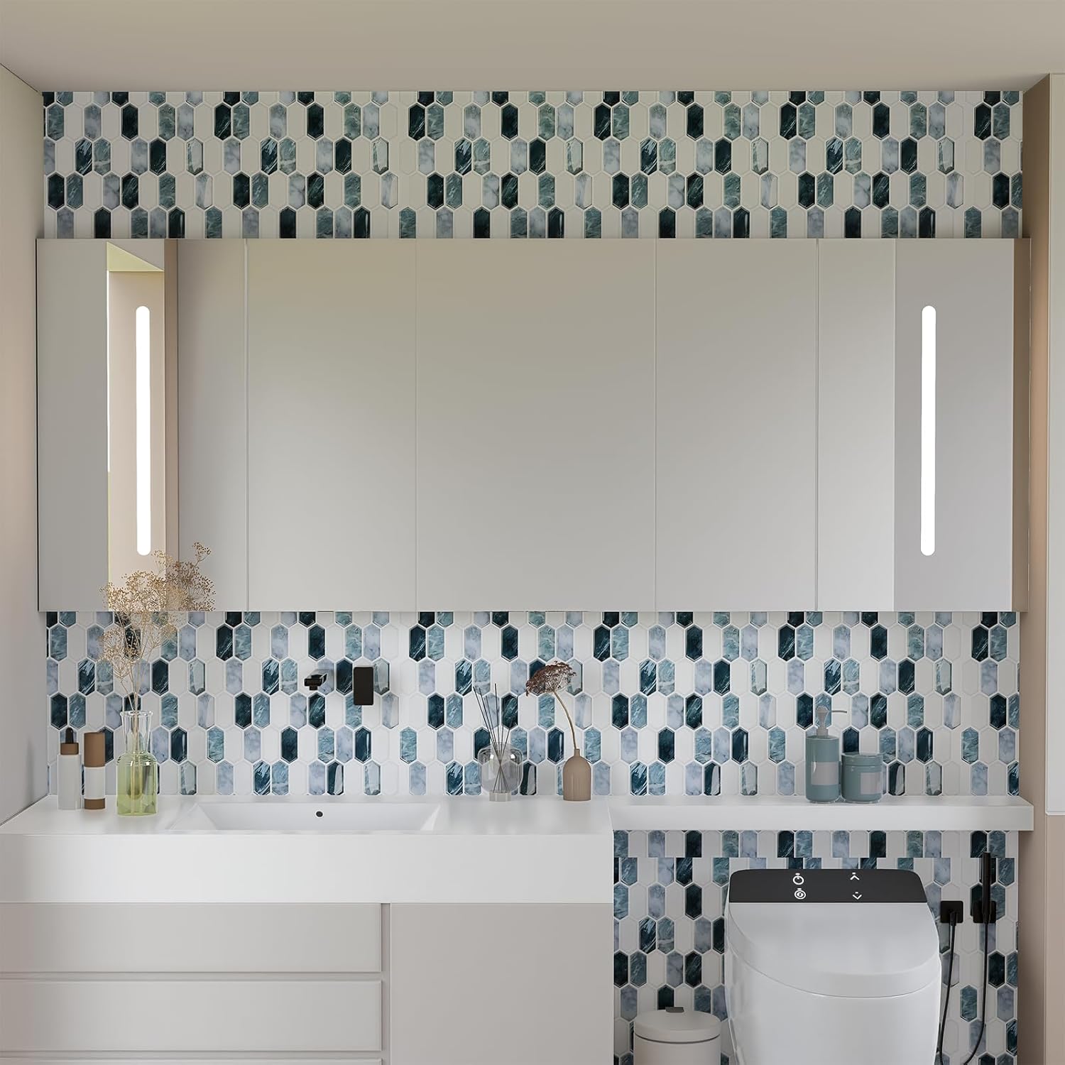 10-Sheet Backsplash Peel and Stick Tile Faux Marble 12"x12" White Blue Long Hexagon Self-Adhesive Glossy Heat Resistant Waterproof 3D Wall Panel Stick on Backsplash Kitchen Bathroom RV Fireplace