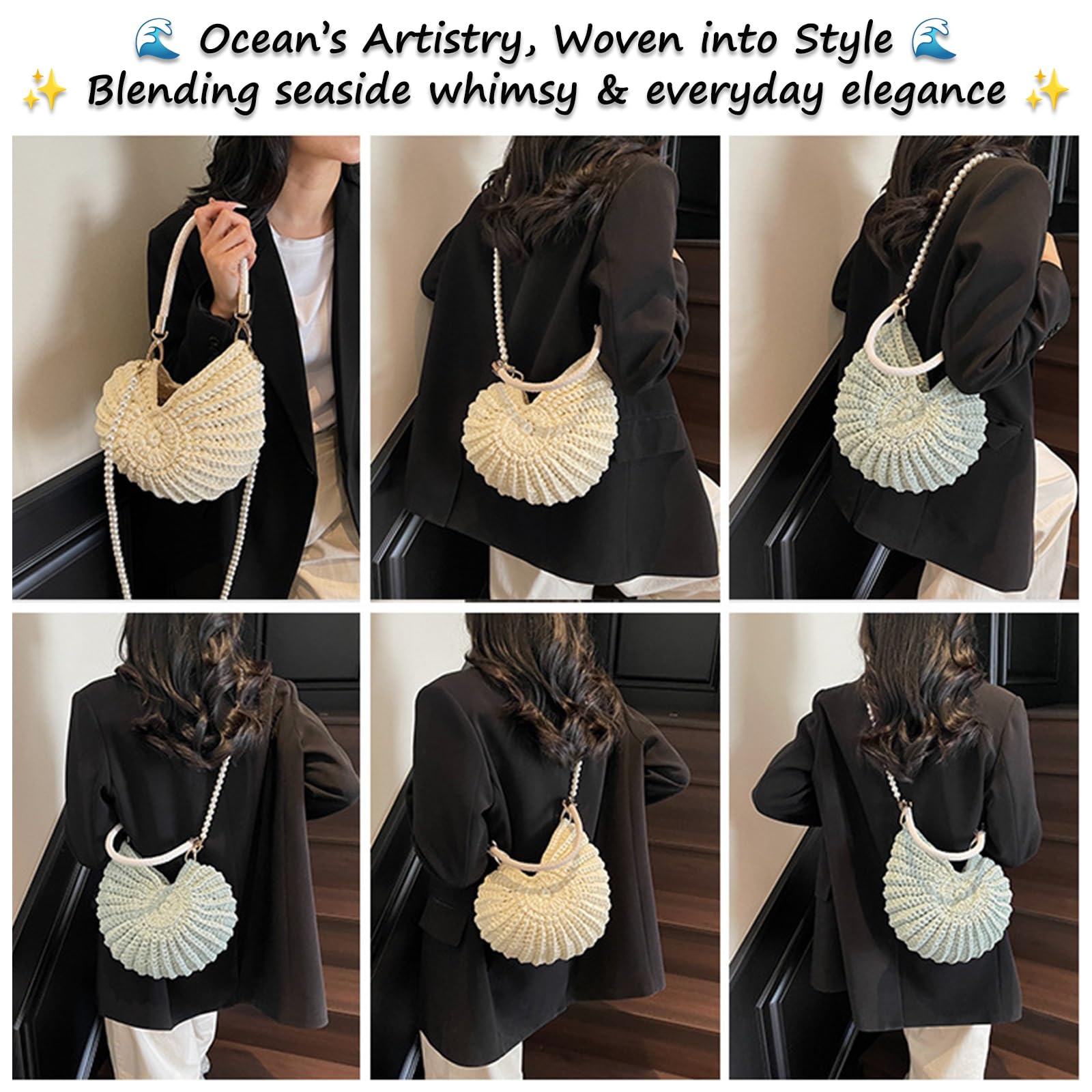 Bolso Bandolera de Crochet Artesanal en Forma de Concha con Correa de Perlas, Asa de Cuero y Herrajes Dorados, Clutch Boho Diseño Concha, Tote de Playa para Vacaciones de Verano