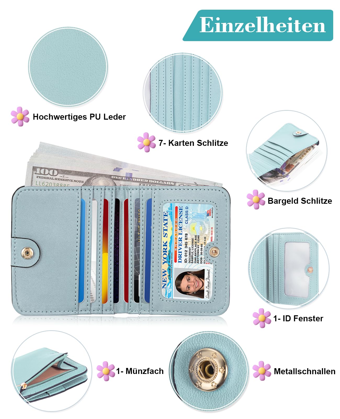 UNOSEKS Portafogli Small Furses for Women RFID Blocking, Slim Wallet Genuine Leather Compact Bi-Fold, 7 Card Wallet with Zipper Coin, Blu