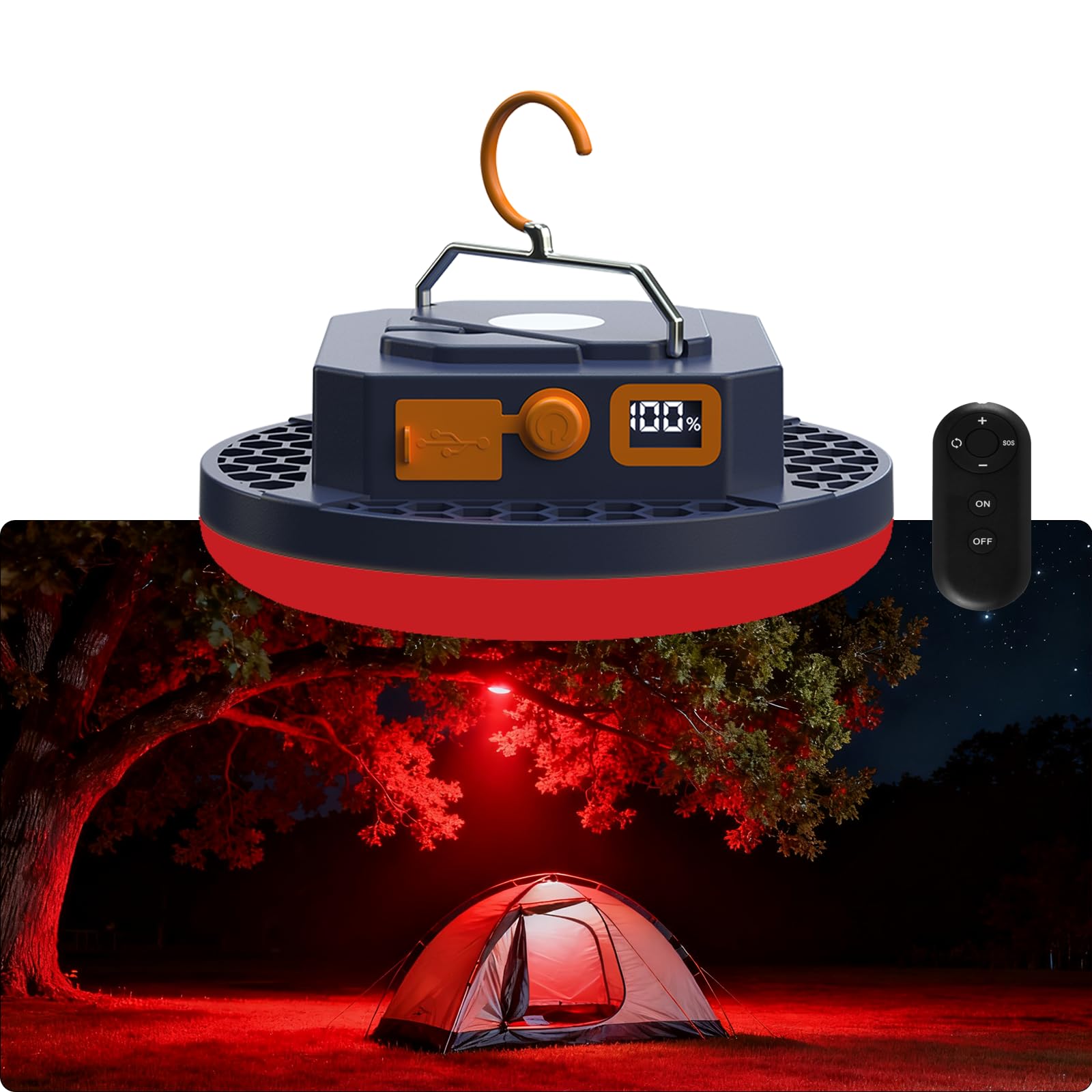 2025 Rotlicht-Insektenschutz-Campinglampe, 10.000 mAh, wiederaufladbar, 3000 lm, Zelt-Campingleuchte, 6500 K, 24 Stunden Betriebsdauer, Outdoor-Nachtmarkt, Nacht-Angellaterne (Rot (Fernbedienung))