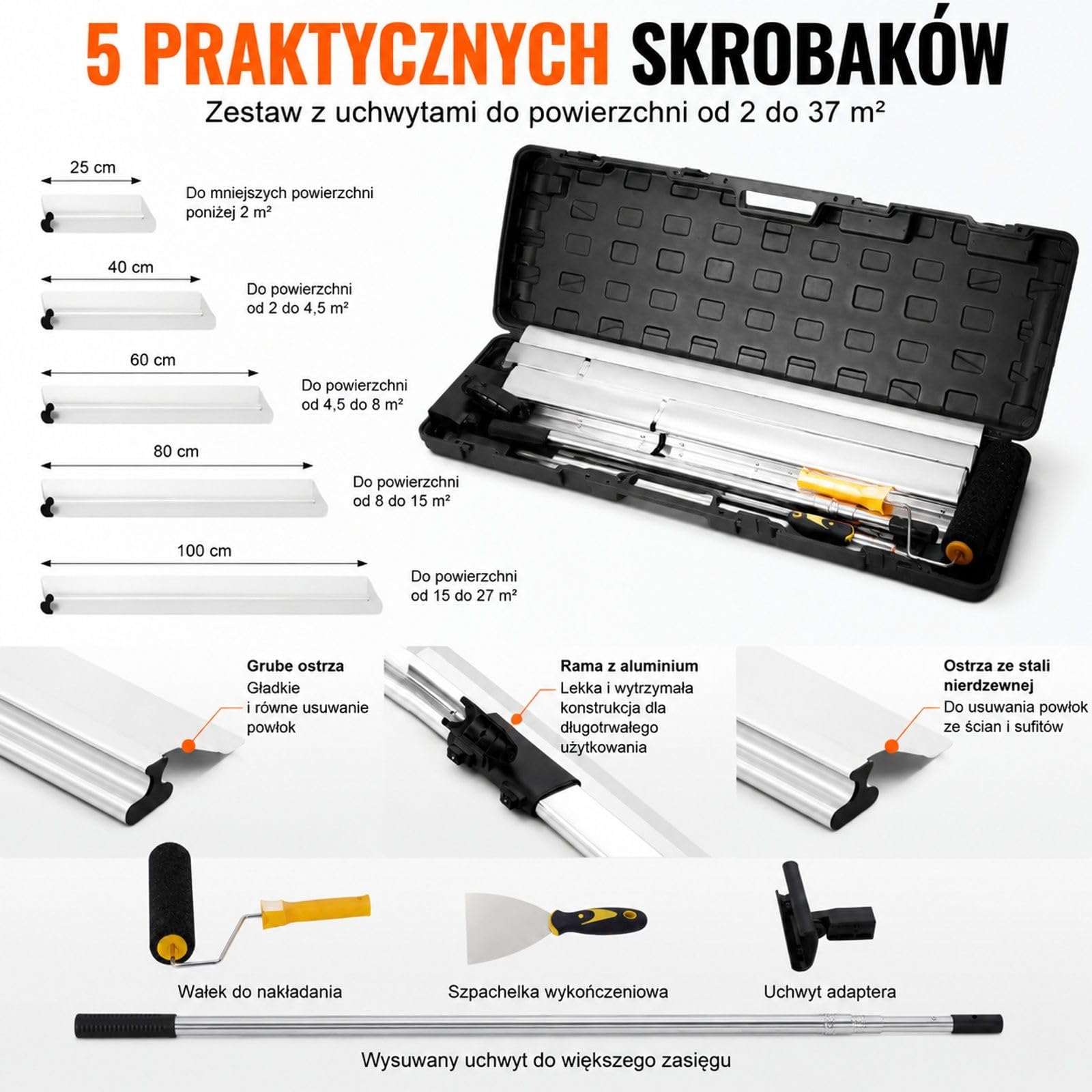 Zestaw szpachli do płyt gipsowo-kartonowych z przedłużanym uchwytem, nóż ze stali nierdzewnej