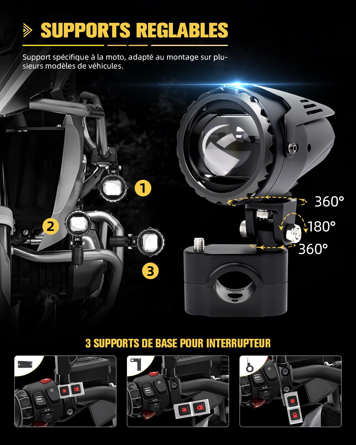BraveWAY 70W 35000LM Feux Antibrouillard Moto, Feux Additionnels Moto 7 Modes Stroboscopiques de Conduite Avec Auxiliaire Blanc Ambre Kit de Faisceau de Câbles Plug and Play et 2 Supports de Montage