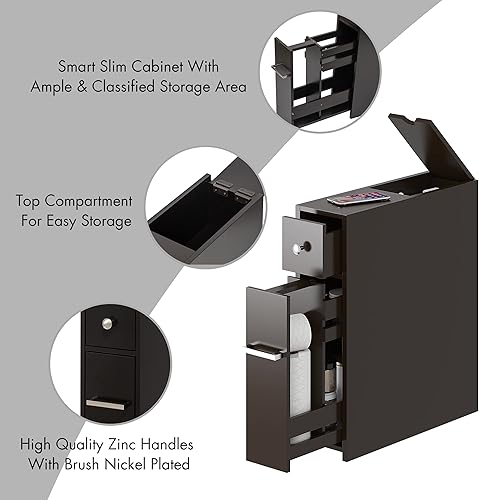 Miniatura 6 de Spirich Slim Bathroom Storage Cabinet, Free Standing Toilet Paper Holder, Bathroom Cabinet Slide Out Drawer, Espresso