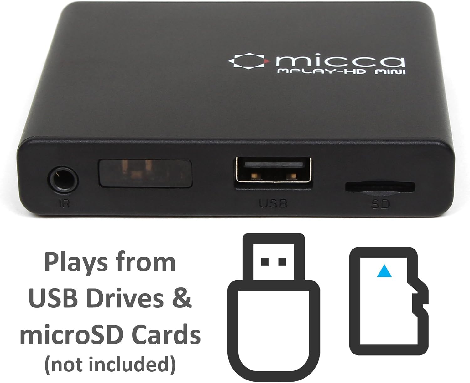 Aldea view of Micca MPLAY-HD Mini showing USB and SD card slots