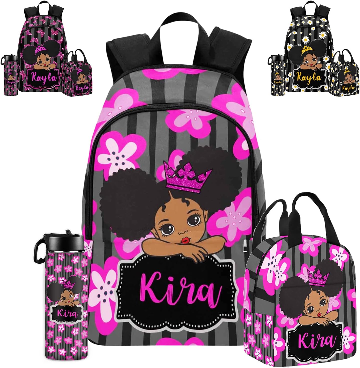 Personalized Backpack for School with Name Girls, Custom Princess Backpacks for Daughter Customized Shoulders Bags with Lunch Box Set for Travel Work Camping, Backpack Set for Girls Kids