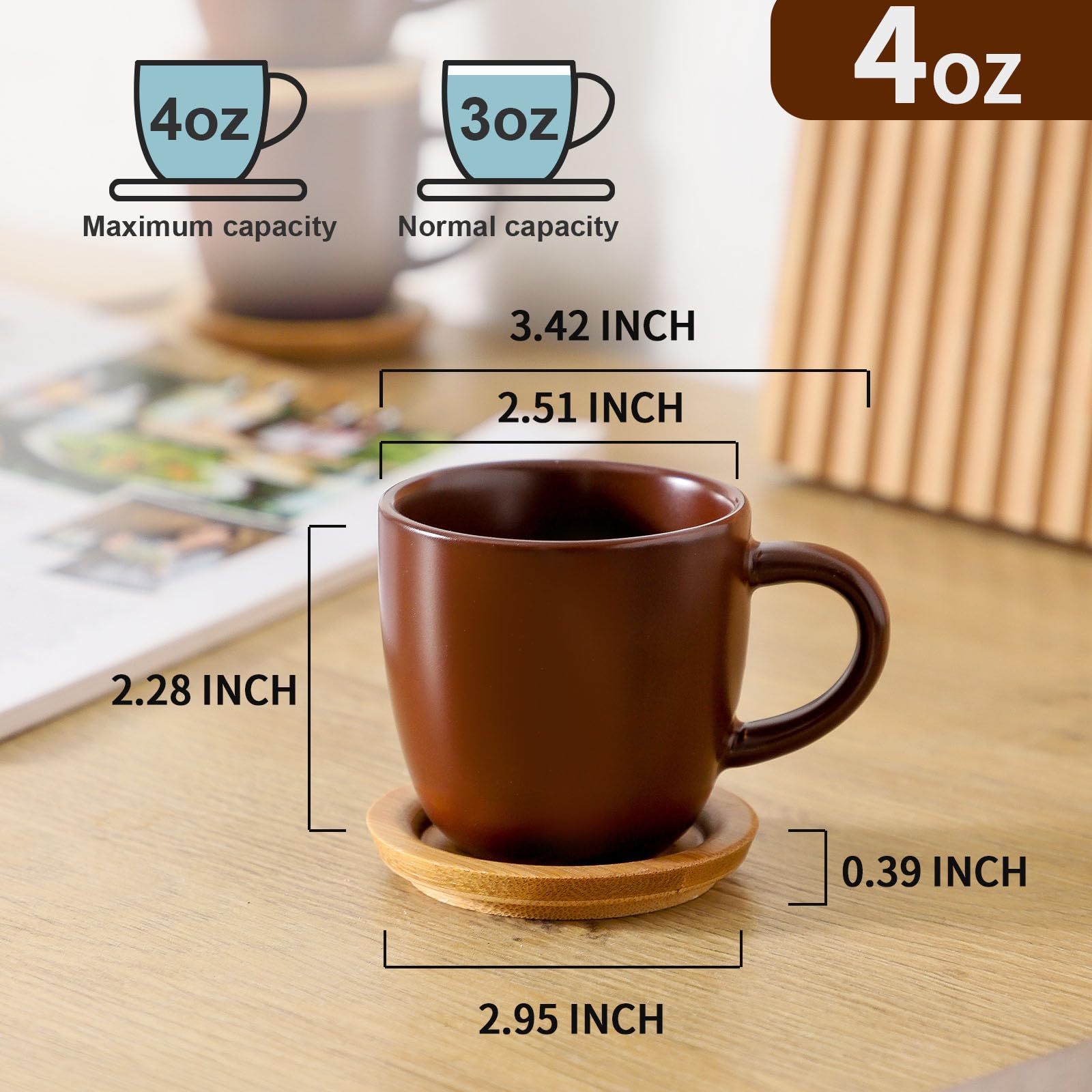 Hasense Stapelbare Mini-Espressotassen und Untertassen aus Porzellan, 118 ml, Keramik, klein, Demitasse, Espressotassen mit Deckel, für Nespresso, Lungo, Latte, Café, Mokka und Tee, Braun, 6 Stück