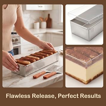 2 Pcs Tiramisu Pan Stainless Steel Rectangle Cake Pan Set with Acrylic Lid and 2 Metal Spatula- Nonstick Baking Mold for Cheesecake, Mousse & Desserts