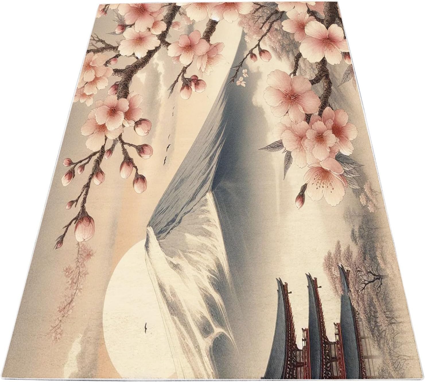 Generic Machine Washable Rug Japanese Cherry Blossom Snow Mountain Living Room Carpet Non-Slip 2x3 Oblong Rugs for Bedroom Kitchen Hallway Dorm Laundry Room Home Decor Area Rug