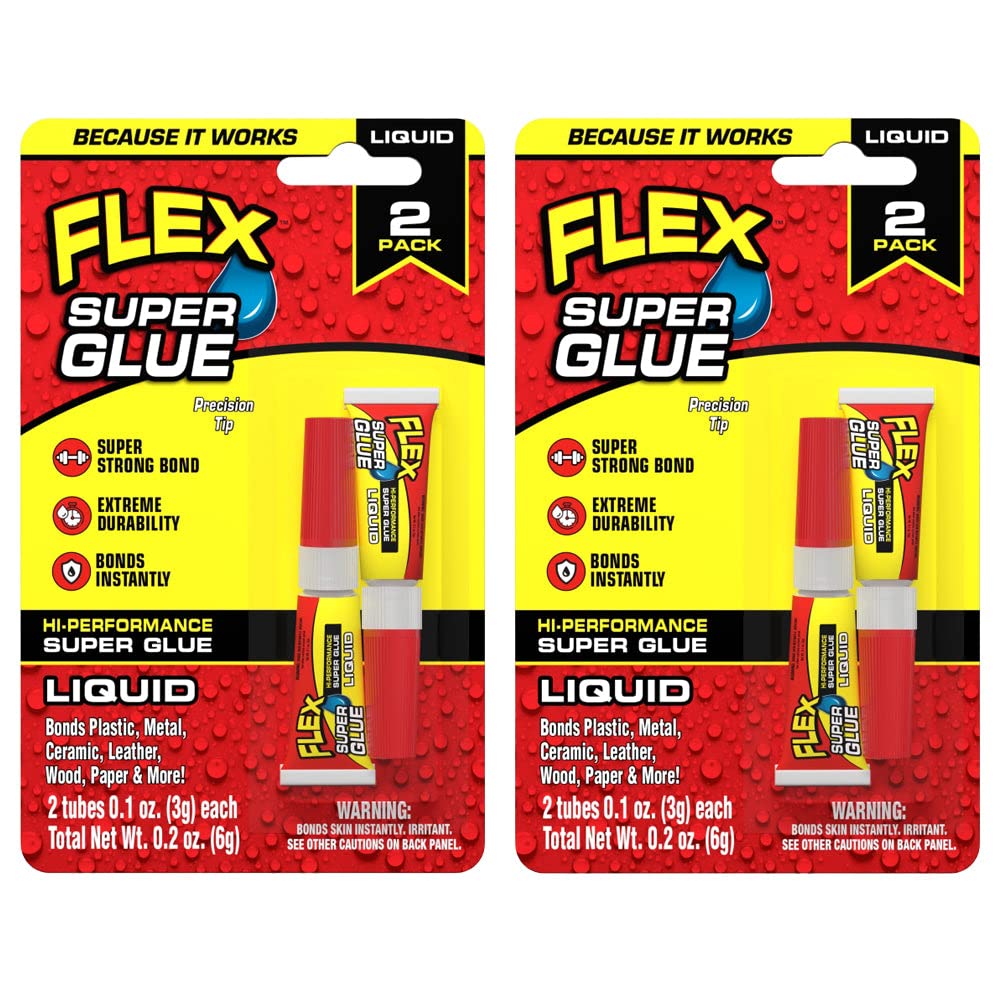 Flex Super Glue Liquid, (2) 3 Gram Tubes, 2-Pack, Clear, Instant Bond, Quick Dry, Cyanoacrylate Adhesive, Precision Tip for Wood, Metal, Plastic, Crafts, Ceramic, and Toy Repairs