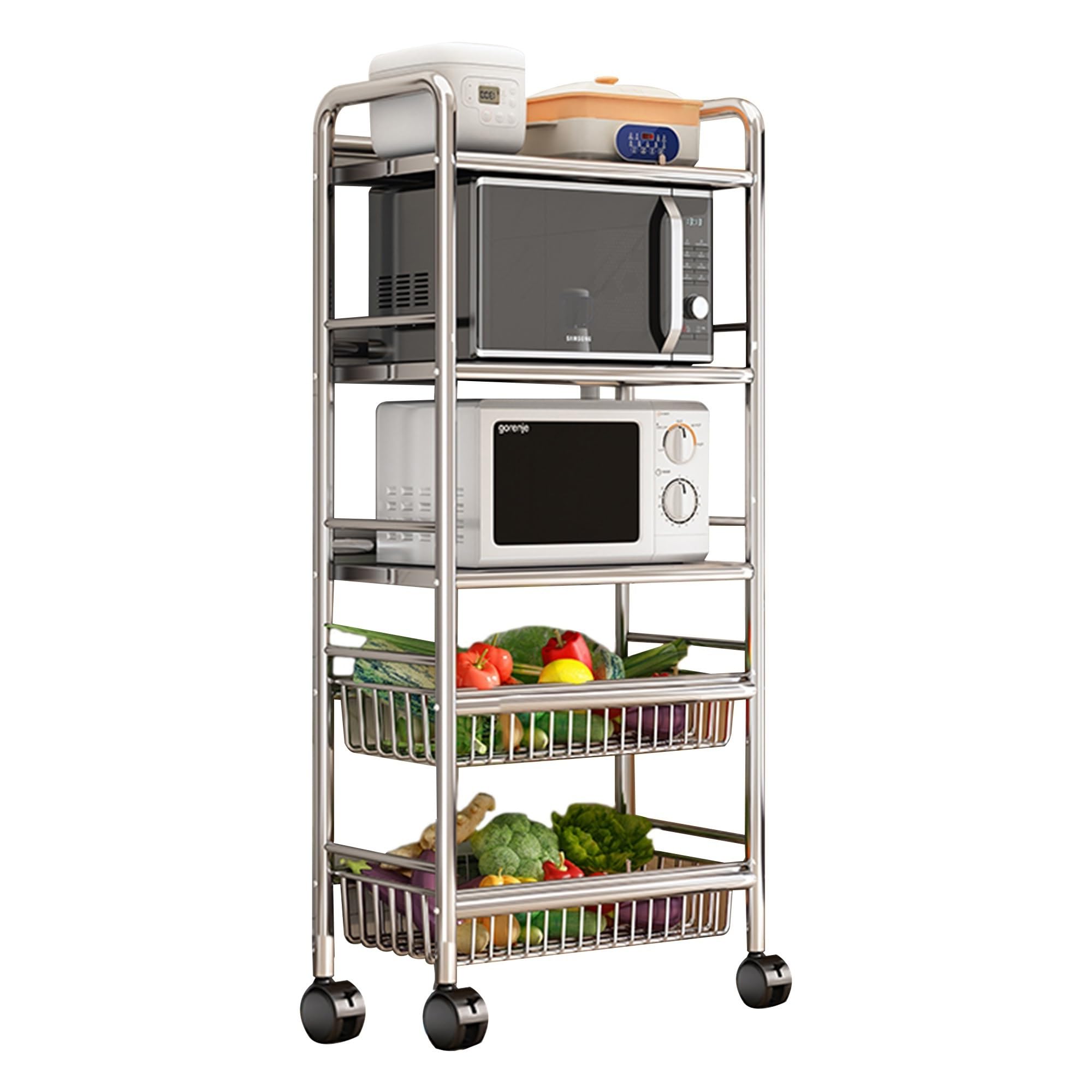 Stainless Steel 304 Kitchen Cart with Wheels Multi-Functional Rolling Utility Trolley Mesh Basket &amp; Pantry Shelf for Fruits Vegetables Onions &amp; Potatoes Storage,C-49 * 32 * 125cm