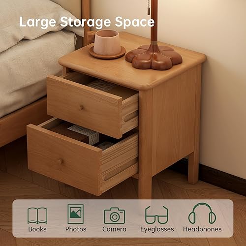 Miniatura 4 de Vadisun Mesita de noche de haya 100% FAS para dormitorio, moderna mesita de noche de madera con 2 cajones para espacios pequeños