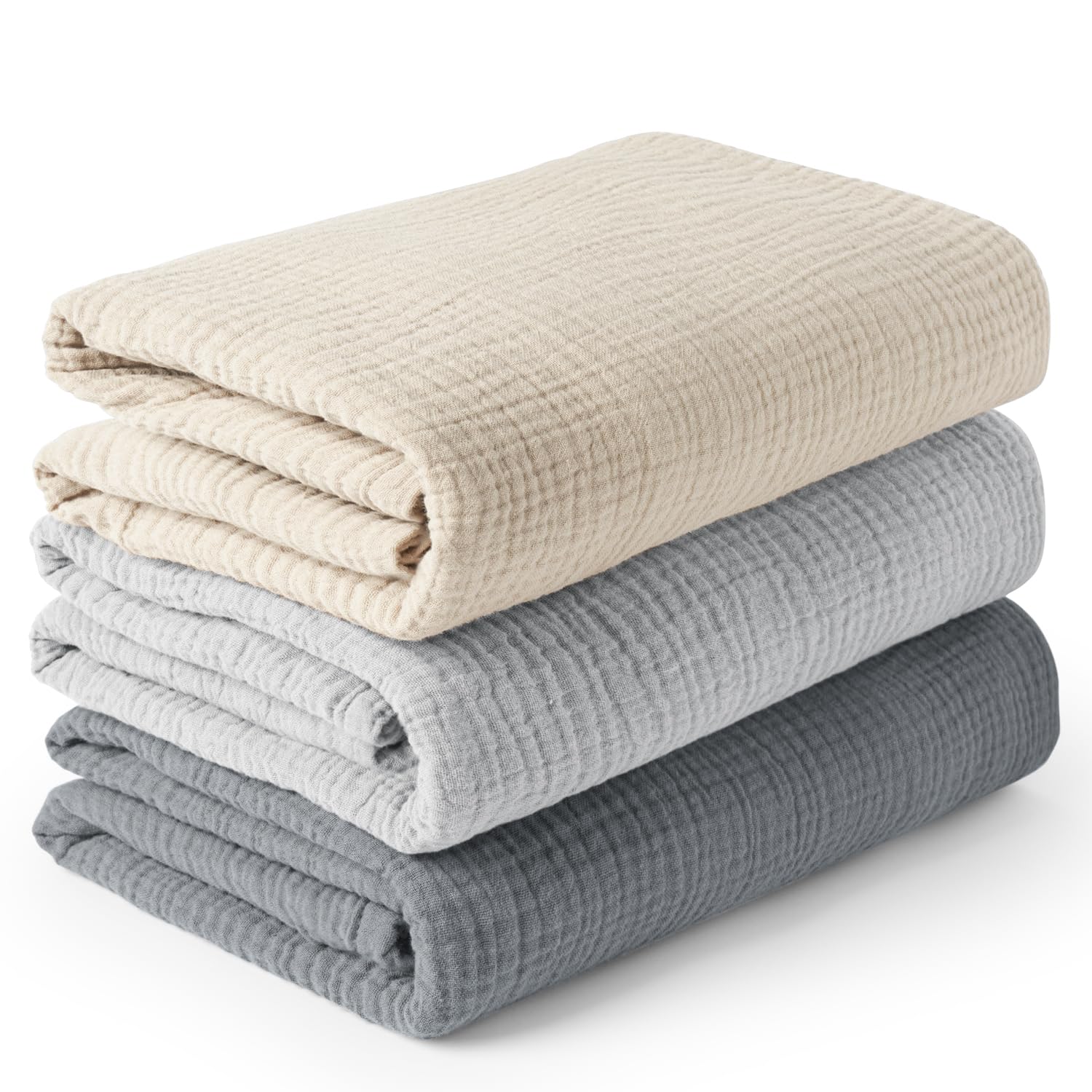 Konssy 3-Pack Muslin Baby Swaddle Blankets, 47 x 47 in Receiving Blankets | Large Size, 100% Cotton, Ultra Soft & Breathable, Multi-Use Swaddles for Boys & Girls, from Newborn to Toddler (Grey)