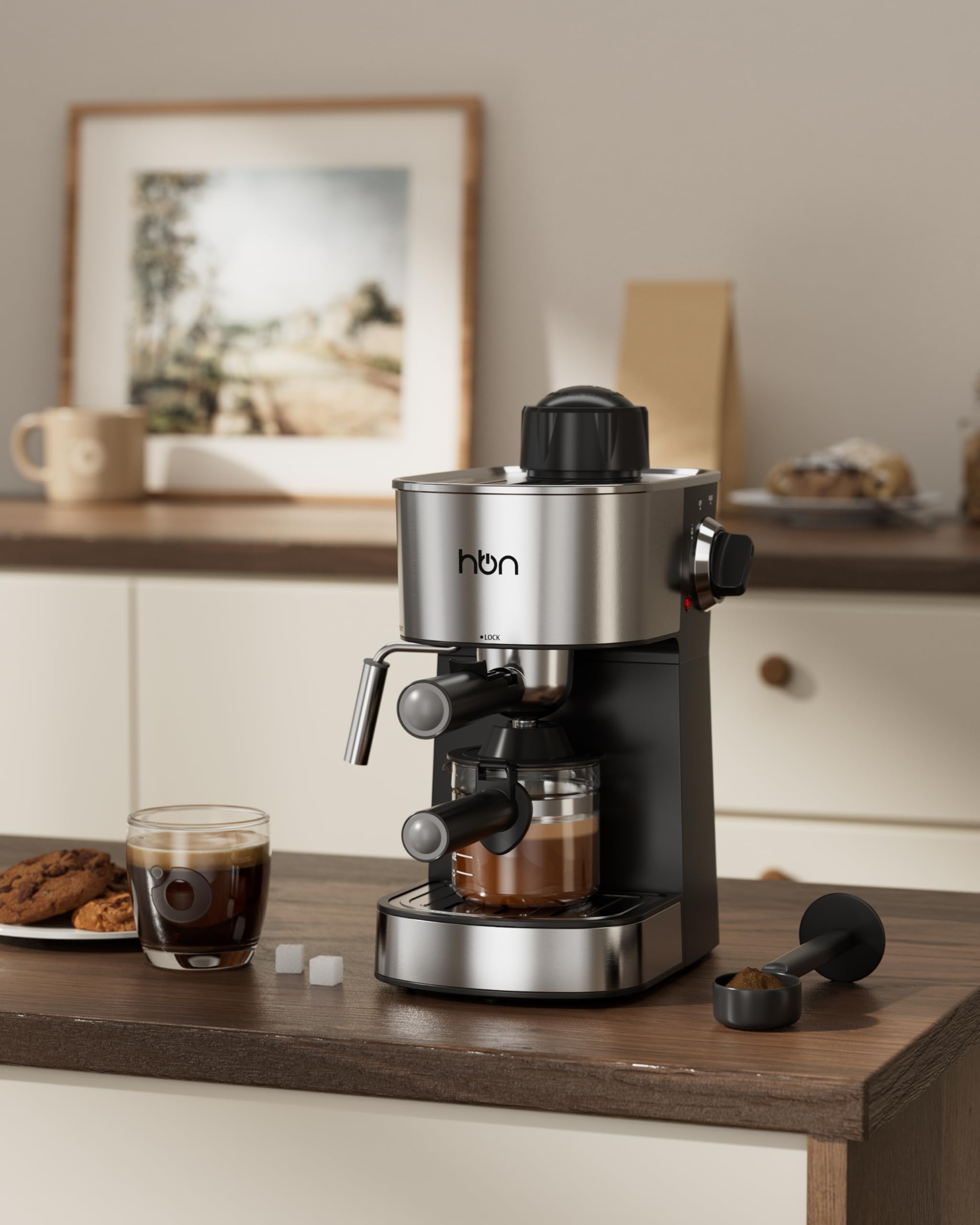 HBN Espresso Kaffeemaschine, 3,5 Bar, Espresso und Cappuccino Kaffeemaschine, 1-4 Tassen Edelstahl Kaffeemaschine mit Milchaufschäumer, Espressokocher mit Dampf