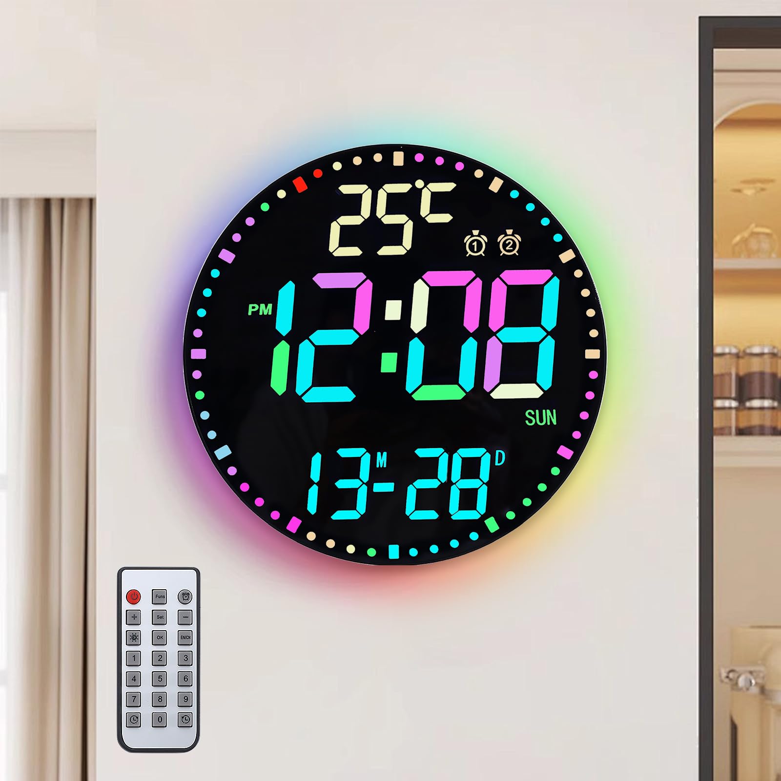 SUNOYA Horloge murale numérique, 30,5 cm, avec veilleuse, alarme, télécommande, 12 couleurs RVB, horloge LED, luminosité automatique, affichage de la température, horloge numérique pour chambre à