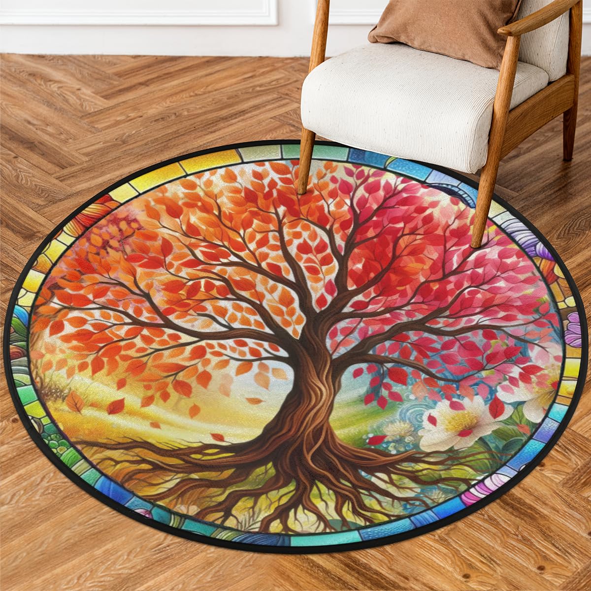 Round Rug 3ft Tree of Life Flower Indoor Circle Area Circle Rugs Washable Non-Slip Bedside Indoor Doormat for Living Room Bedroom Playroom Nursery Room Decor Carpet Mat Splat Mat for High Chair