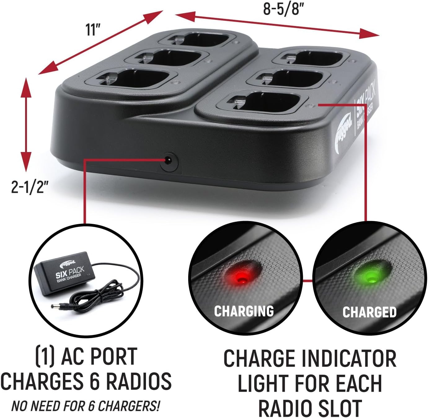 Rugged Radios 6-Pack Bank Charger for The GMR2 Plus : Charge Up to 6 Radios Simultaneously with Indicator Lights, Compact Design, No Hassle with Multiple Cradles or Adapters
