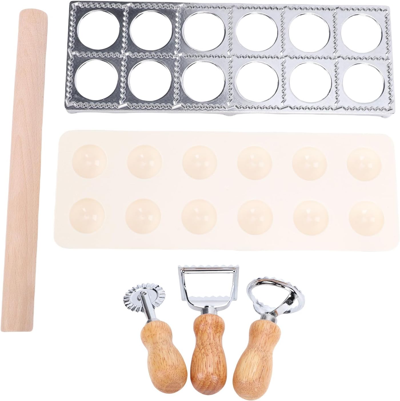 12-Hole Ravioli Stamp & Pasta Making Tools Kit, Stainless Steel Ravioli Maker, Beechwood Rolling Pin & Wooden Cutter, Complete 6-Piece Set for Homemade Pasta, Dumplings