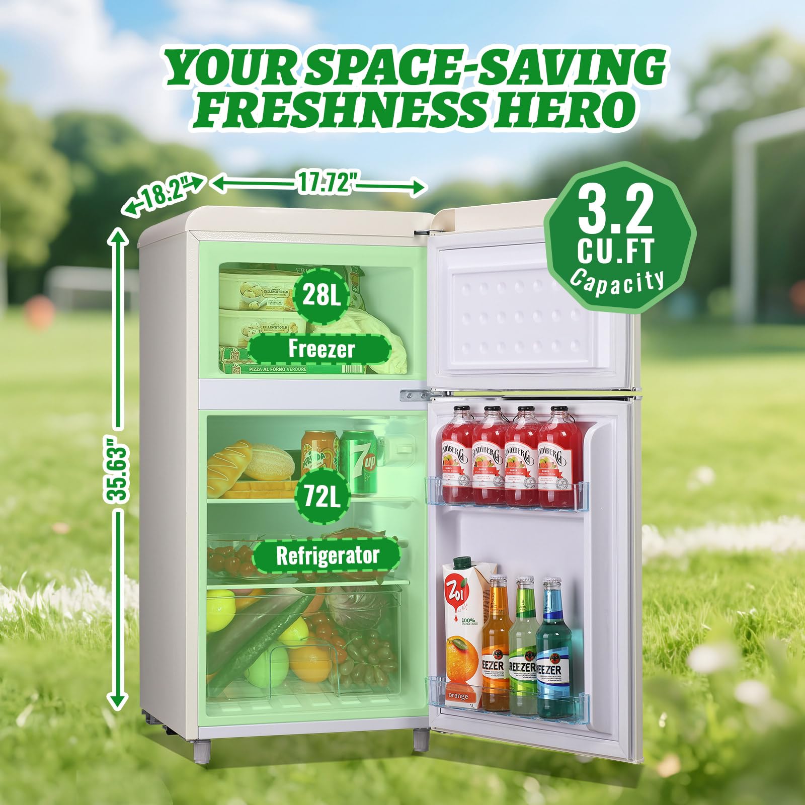 Demuller Small Refrigerator With Top Freezer 100liter Retro Mini Fridge With Adjustable Glass Shelving, 7 Temperature Control And LED Lighting, Retro Off White on Fridge.com - View 4