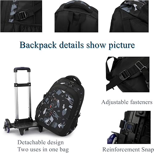 Miniatura 4 de EKUIZAI Mochila negra con ruedas para niños, mochila con ruedas, Rueda Azul-6