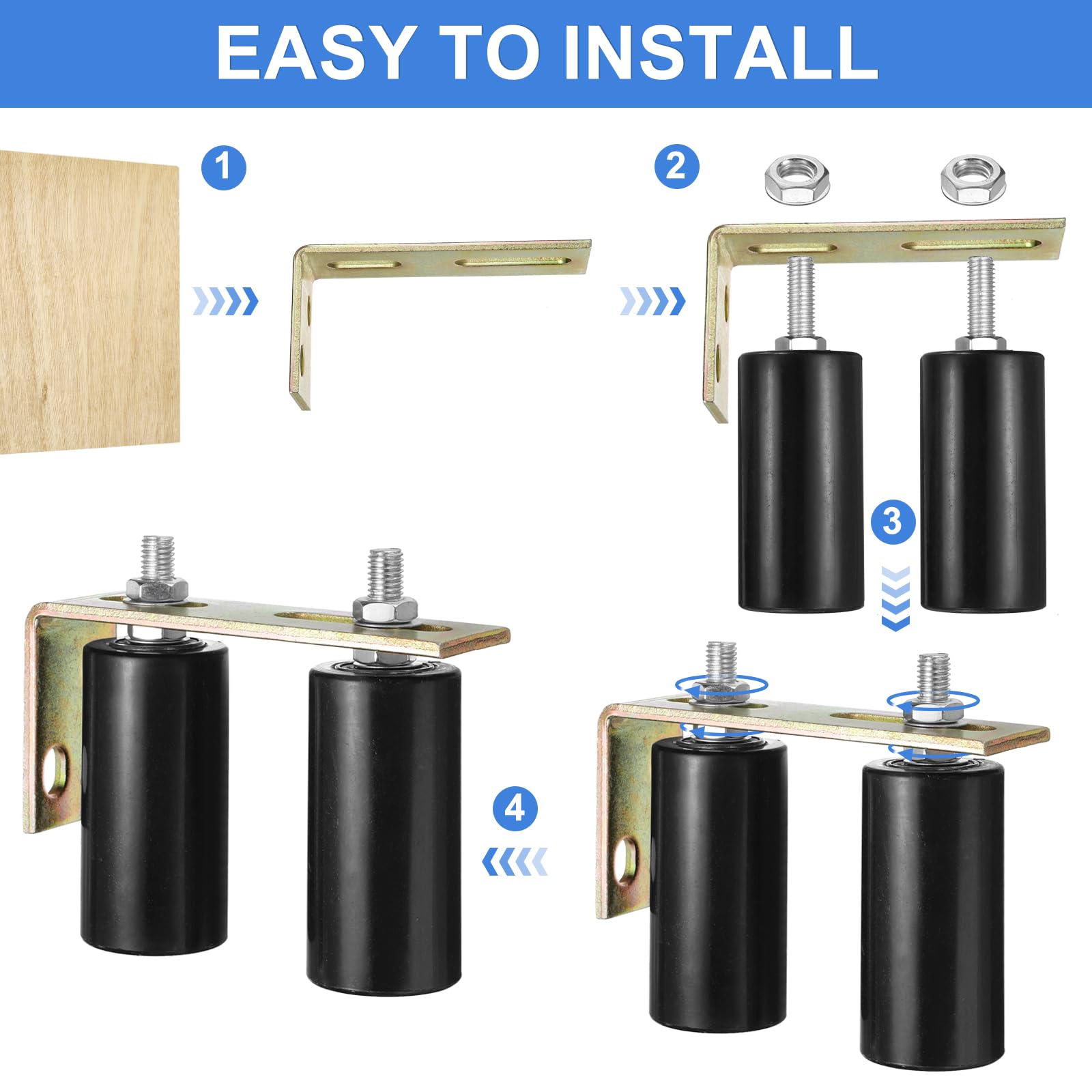 QUARKZMAN 4Pcs Rodillo Guía para Puerta Corredera, 1.7" Rodillos de Nylon Conjunto de Soporte y Bracket en Forma L, Rodillo Guía Universal con Rodamiento Bolas Sellado, Negro